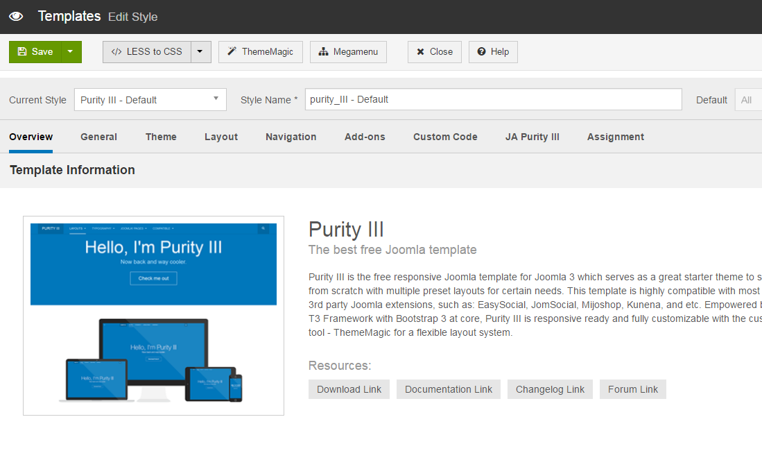 Joomla Purity III styles template manager to compile changes to API Portal css